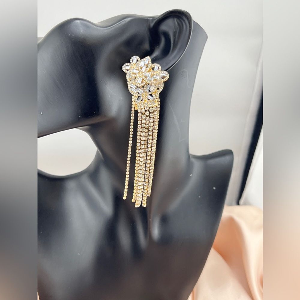 Gold Crystal Rhinestone Fringe Dangle Earrings – Elegant Statement Piece - Picture 5 of 9